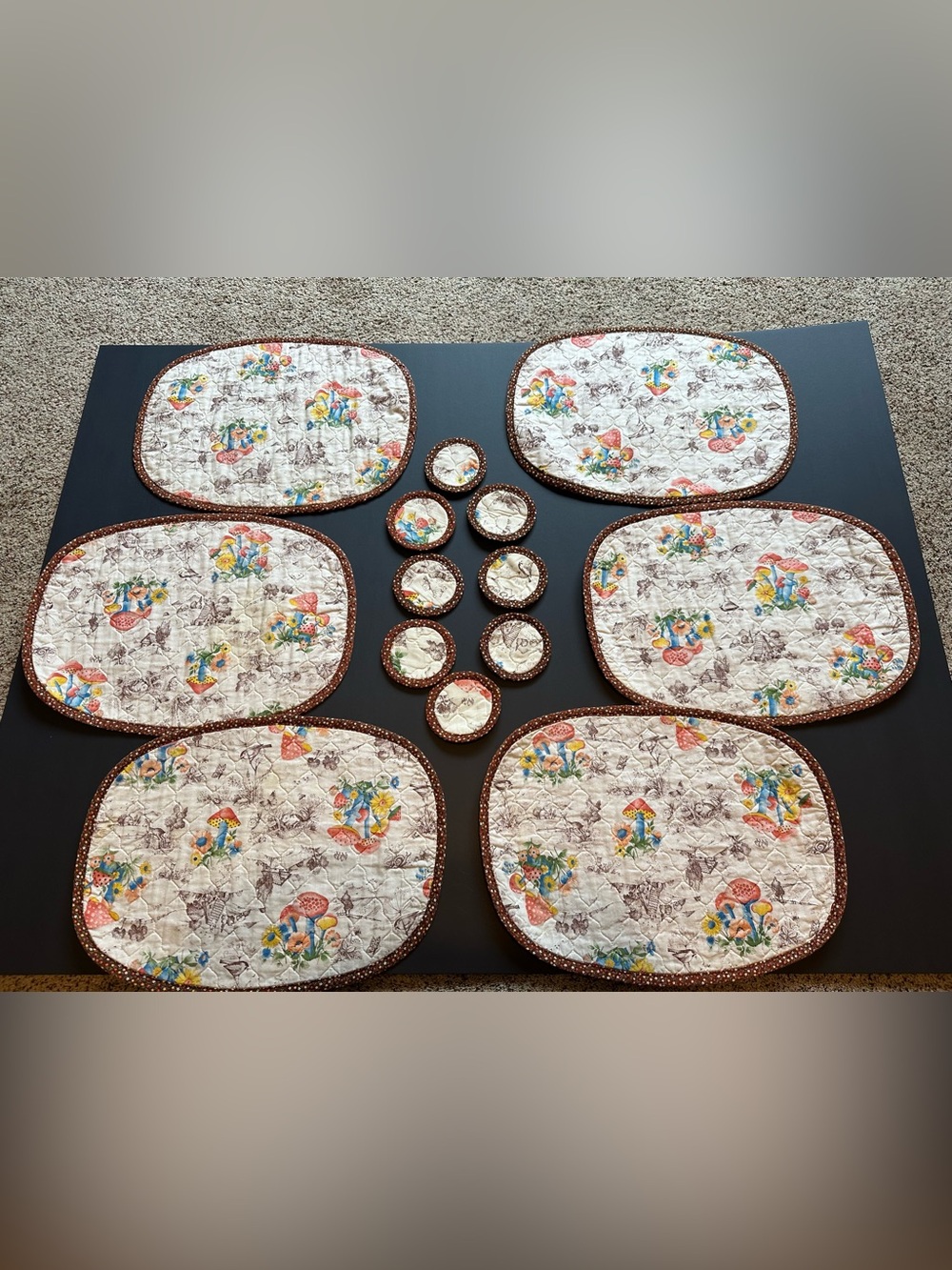 Vtg Granny Cottage Core Oval Mushroom Print 6 Place Mats 8 Coasters Two Sided
